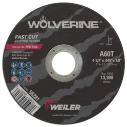 Weiler - 4-1/2" X 0.045" Wolverine Type 1 Cut-Off Wheel, A60T, 7/8" A.H.(Weiler 4 1 2 X 0 045 Wolverine Type 1 Cut Off Wheel A60t 7 8 A H)