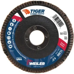 Weiler - 4-1/2" Tiger Ceramic Abrasive Flap Disc, Conical (TY29), Phenolic Backing, 60C, 7/8" Arbor Hole(Weiler 4 1 2 Tiger Ceramic Abrasive Flap Disc Conical Ty29 Phenolic Backing 60c 7 8 Arbor Hole)